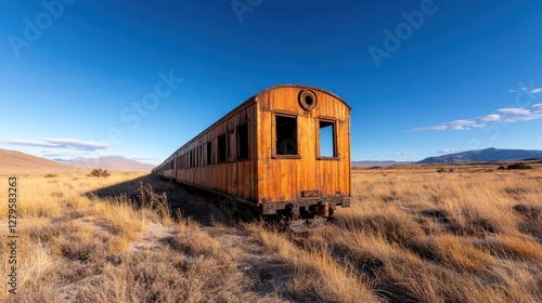 This image showcases a beautifully aged wooden train car standing solitary among vast golden grasslands, embodying themes of nostalgia and abandonment in nature's embrace. photo