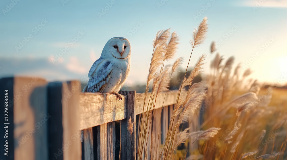 Obraz premium Enigmatic barn owl bird perched on weathered fence with golden grasses at sunset. Concept of nocturnal wildlife, serene landscapes, natural beauty, peaceful nature