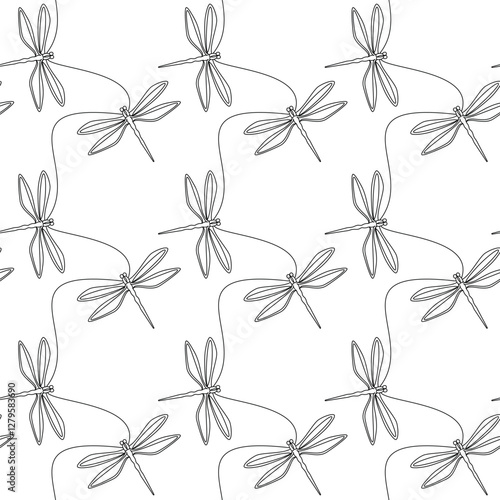 Hand drawn dragonfly vector seamless pattern. Abstract illustration. Outline insects backdrop. Line continuous drawing, black white wallpaper, cartoon background, fabric, textile print.