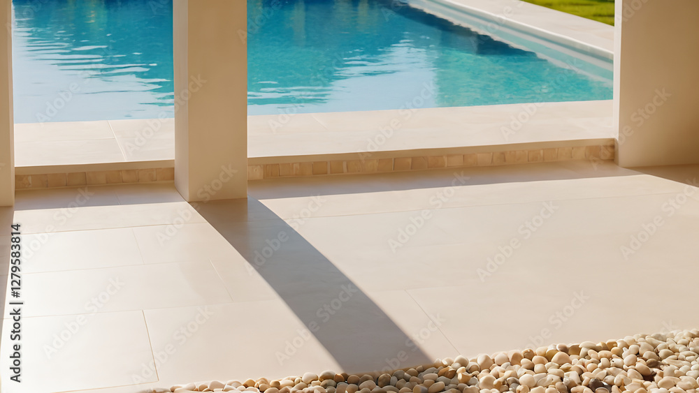 Bright and elegant poolside area showcasing contemporary design, featuring clean lines, vibrant greenery, and an inviting atmosphere, perfect for luxury, relaxation, and outdoor spaces Bright and elegant poolside area showcasing contemporary design, featuring clean lines, vibrant greenery, and an inviting atmosphere, perfect for luxury, relaxation, and outdoor spaces