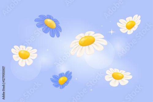 3d Daisy Flowers flow in Y2K style isolated on Gradient Pastel background.