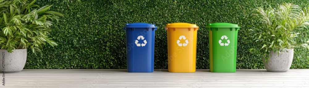 Colorful Recycling Bins in Front of Vibrant Green Wall Surrounded by Potted Plants for Eco-Friendly Initiatives Colorful Recycling Bins in Front of Vibrant Green Wall Surrounded by Potted Plants for Eco-Friendly Initiatives