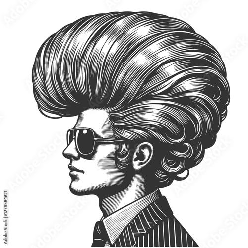 fashionable man with exaggerated, voluminous hair and a beard, wearing sunglasses and a tuxedo, surrealism with vintage aesthetics sketch engraving generative ai vector. Scratch board. Black and white