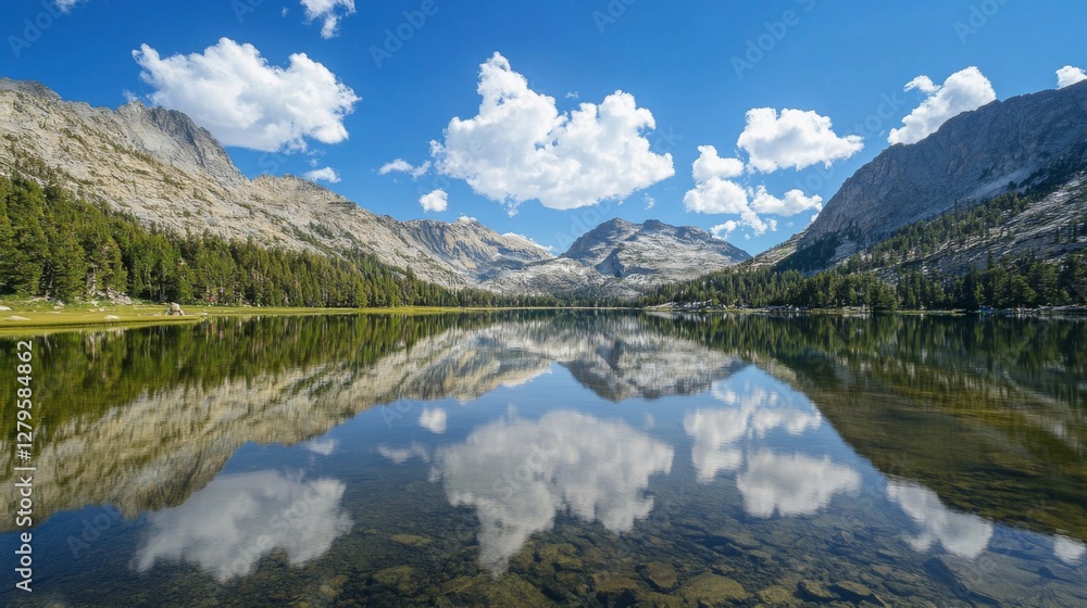Mountain lake mirroring clouds, serene alpine landscape, tranquil reflection, nature photography, for use in travel, environmental publications, and websites Mountain lake mirroring clouds, serene alpine landscape, tranquil reflection, nature photography, for use in travel, environmental publications, and websites