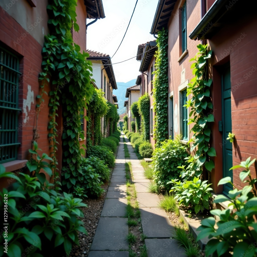 Overgrown and neglected narrow alley between row houses, rusty gates, overgrowth, vines Overgrown and neglected narrow alley between row houses, rusty gates, overgrowth, vines