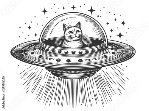 adorable cat inside a flying saucer, blending whimsical sci-fi, fantasy, and humor in a vintage artistic style sketch engraving generative ai vector illustration. Scratch board. Black and white image.