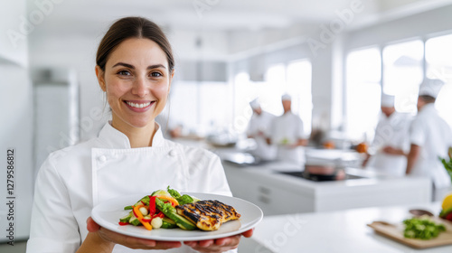 Smiling Chef Presenting a Gourmet Dish in a Professional Kitchen