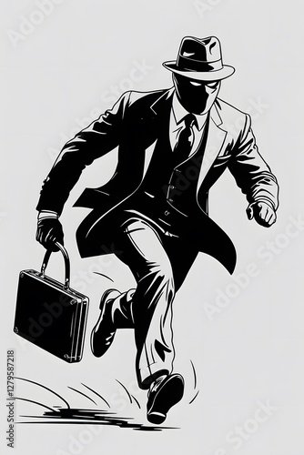 sketch of a masked thief in a suit and hat running with a briefcase