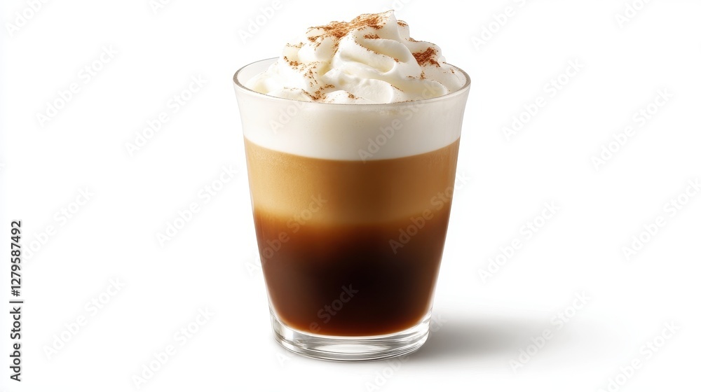 A beautifully layered coffee drink with whipped cream and spices sits in a clear glass cup A beautifully layered coffee drink with whipped cream and spices sits in a clear glass cup