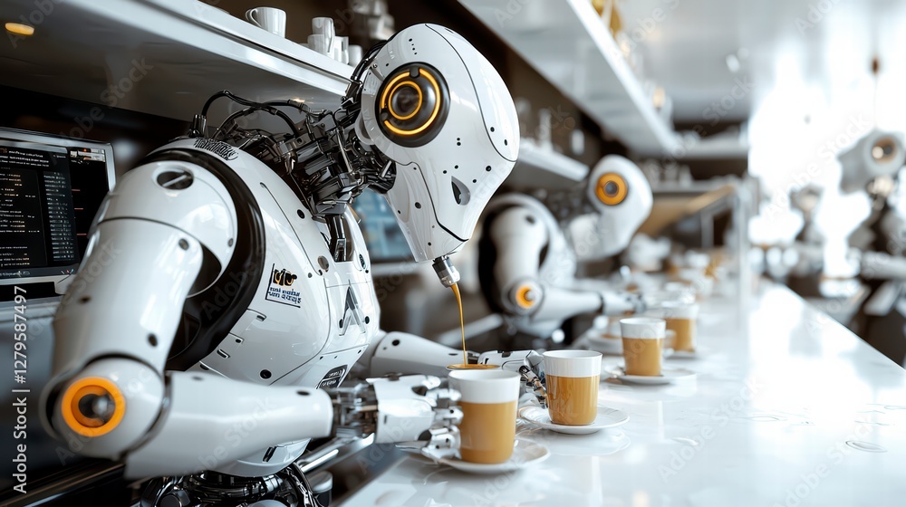 Fototapeta premium Robotic Baristas: Futuristic vision of robotic baristas meticulously preparing beverages in a modern cafe setting, symbolizing automation, technology, and innovation.