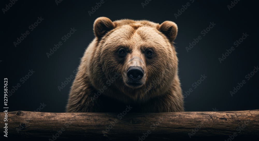 Obraz premium Intense portrait of a majestic brown bear peering over a weathered log