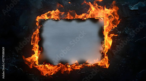 Realistic Burnt A4 Paper Sheet with Flaming Fire Isolated on Background photo