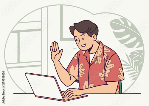 Man Sitting at a Laptop and Planning a Trip with a Map and Travel Guides Nearby
