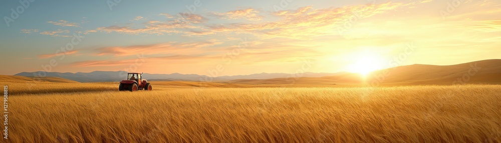 Obraz premium Golden Wheat Field with Tractor at Sunrise under a Colorful Sky in Rural Landscape