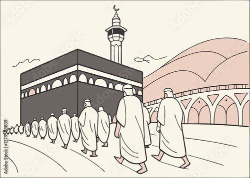 Group of Pilgrims Performing Tawaf Around the Kaaba with a Sense of Unity and Purpose