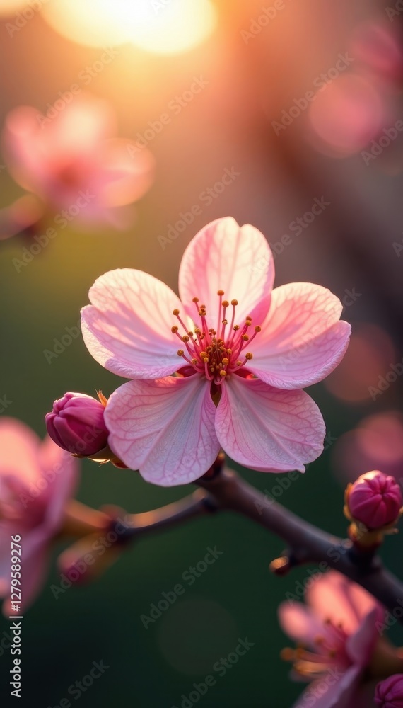 Sunlight casts a warm glow on the delicate pink petals of an apricot blossom, apricot blossoms, , gentle hue Sunlight casts a warm glow on the delicate pink petals of an apricot blossom, apricot blossoms, , gentle hue