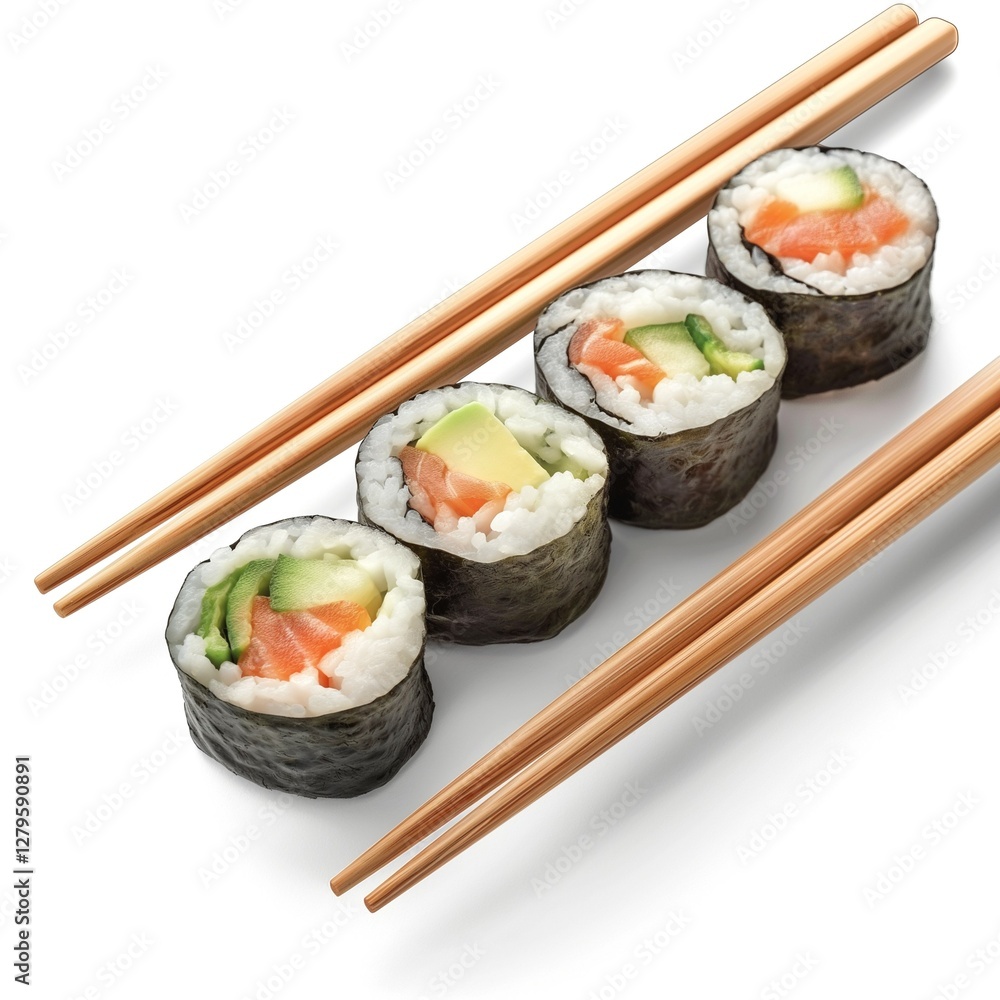 A delicious spread of sushi rolls featuring fresh salmon and avocado, served with chopsticks. A delicious spread of sushi rolls featuring fresh salmon and avocado, served with chopsticks.