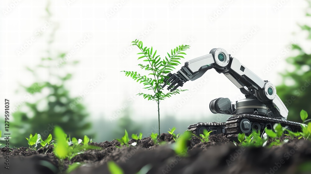 Naklejka premium Robotic Planting and Environment Harmony: A futuristic robotic arm meticulously plants a seedling in a lush field, symbolizing the fusion of technology and environmental preservation.
