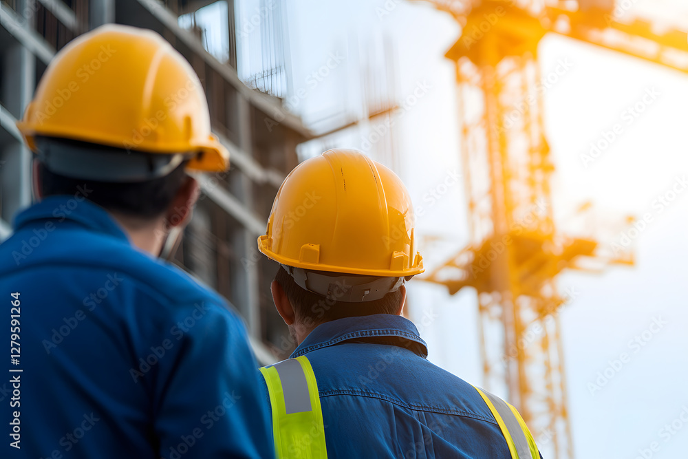 Construction workers look on at a building site with a large crane against a bright, sunny sky wearing yellow hard hats and safety gear.
