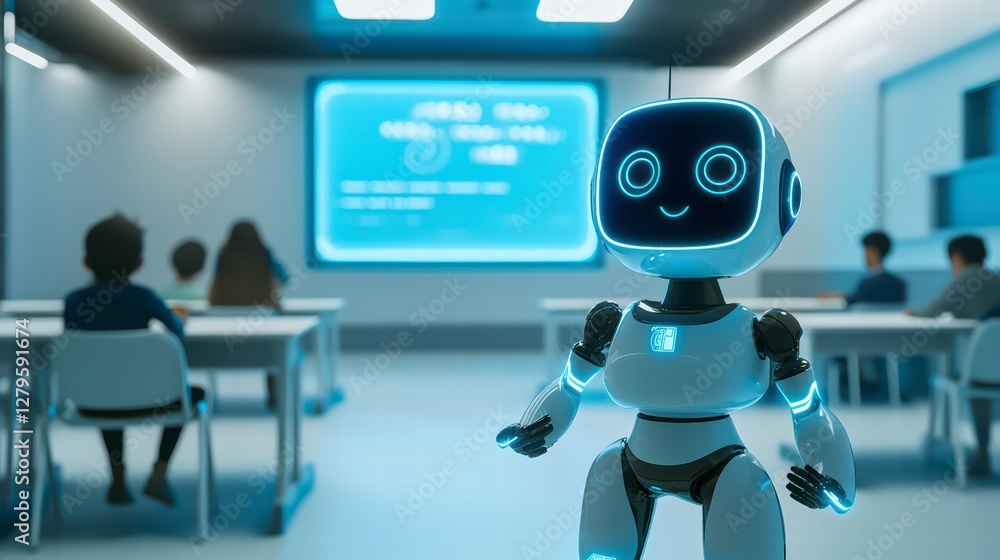 Future Learning: An advanced AI robot teacher stands in a modern classroom setting, interacting with students and revolutionizing the education. Future Learning: An advanced AI robot teacher stands in a modern classroom setting, interacting with students and revolutionizing the education.