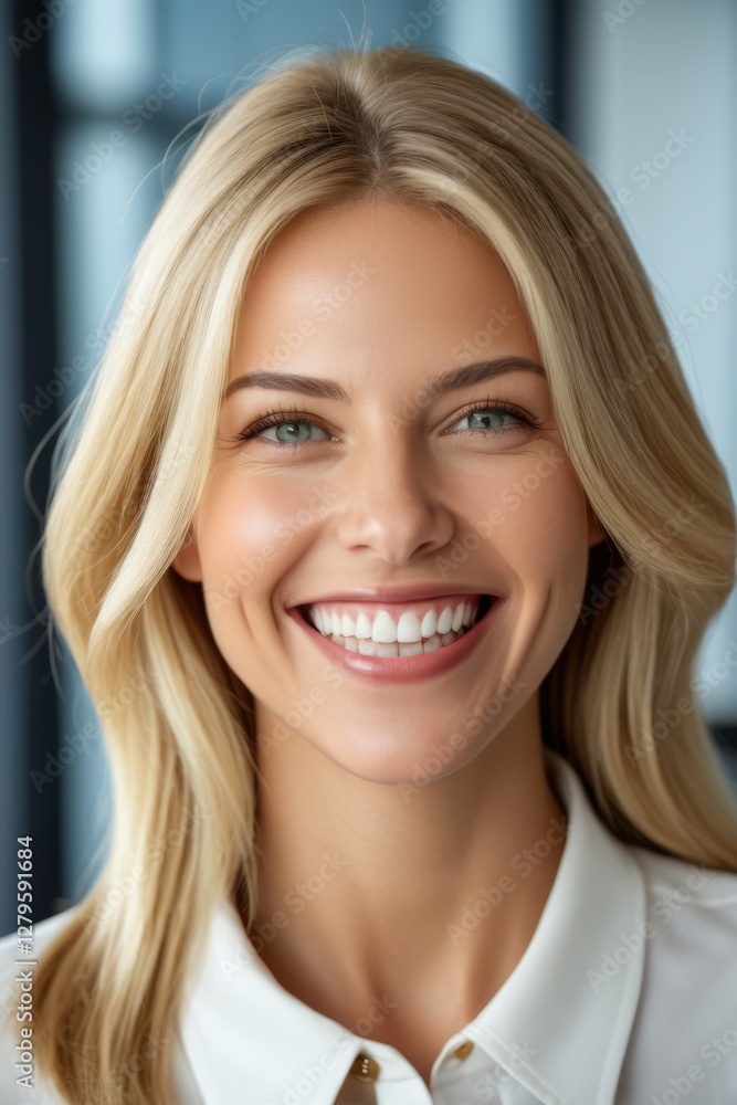 blond woman with long hair smiling in front of a window blond woman with long hair smiling in front of a window