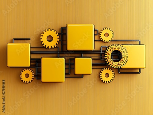 Abstract Golden Yellow Gears and Squares on Wood Background