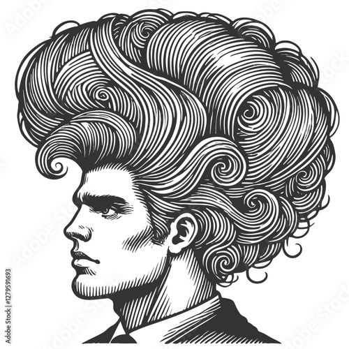 gentleman with an incredibly large, curly hairstyle, blending humor, surrealism, and vintage artistic style sketch engraving generative ai vector illustration. Scratch board. Black and white image.