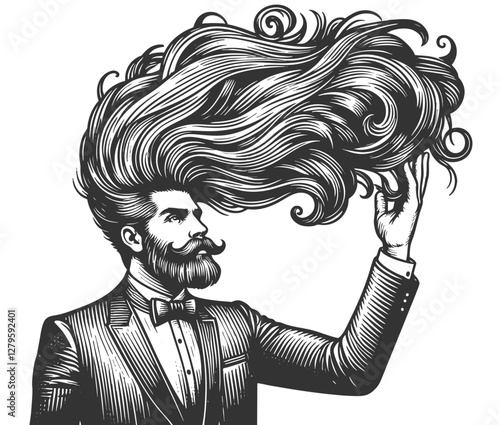 gentleman with an incredibly large, curly hairstyle, blending humor, surrealism, and vintage artistic style sketch engraving generative ai vector illustration. Scratch board. Black and white image.