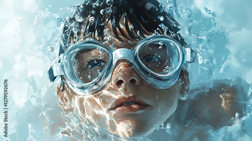 Naklejka premium Delvin wearing swimming goggles while exploring underwater at the local pool on a sunny afternoon