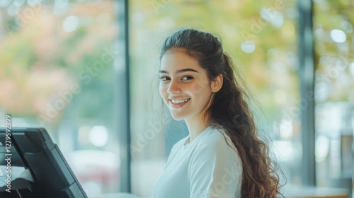 Young woman smiles while working at a computer in a bright, modern workspace surrounded by greenery and natural light Free Download Young woman smiles while working at a computer in a bright, modern workspace surrounded by greenery and natural light - GFXLoad