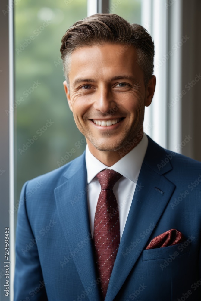 smiling man in blue suit and red tie standing by a window smiling man in blue suit and red tie standing by a window