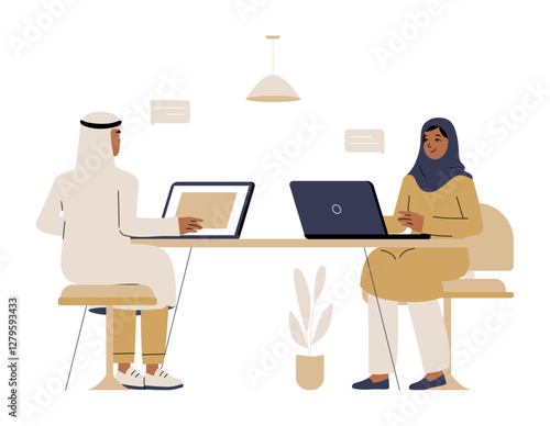 Business Meeting With Arab Man And Woman In Flat Vector Illustration Symbolizing Corporate Discussion, Collaboration, And Professional Communication, Isolated On White Background