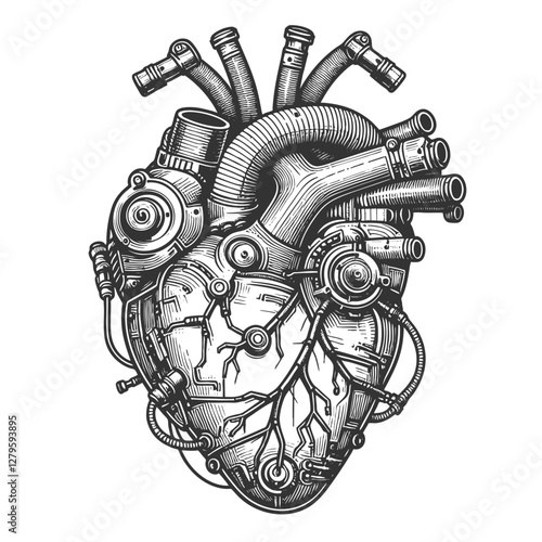 Robotic biomechanical heart with intricate pipes, gears, and tubes, steampunk and futuristic cybernetic aesthetics sketch engraving generative ai vector illustration. Scratch board. Black and white
