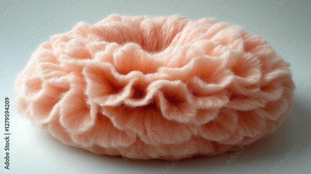 Soft wool circular pillow in pale peach tone with natural fibers on white background Soft wool circular pillow in pale peach tone with natural fibers on white background