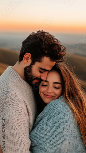 Romantic couple embracing at sunset wrapped in cozy blanket photo