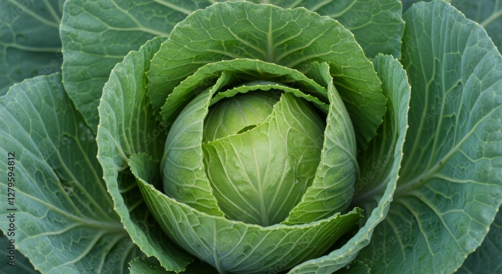 Obraz premium Vibrant close-up of a fresh, leafy green cabbage head in natural light