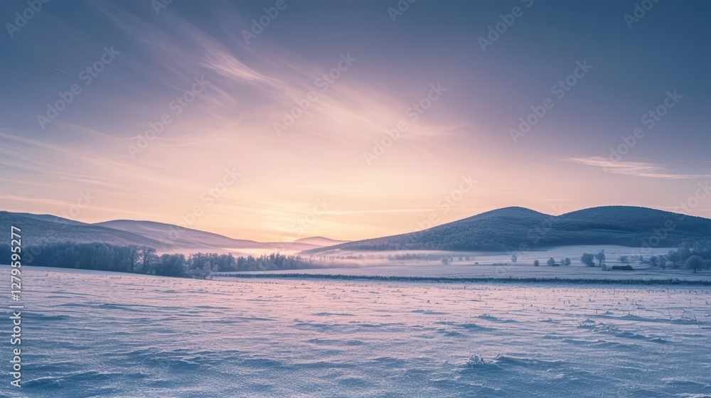 Winter sunrise over snowy landscape mountain region nature photography serene environment wide angle tranquility Winter sunrise over snowy landscape mountain region nature photography serene environment wide angle tranquility