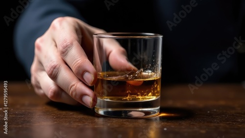 A man's hand holds a glass of whiskey, symbolizing the fight against addiction. The concept of giving up alcohol, willpower and a healthy lifestyle. Ideal for social advertising and articles.