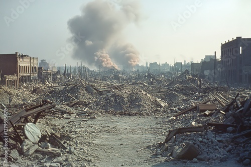 Destruction in urban area with collapsed buildings and smoke rising in the distance after a catastrophic event photo