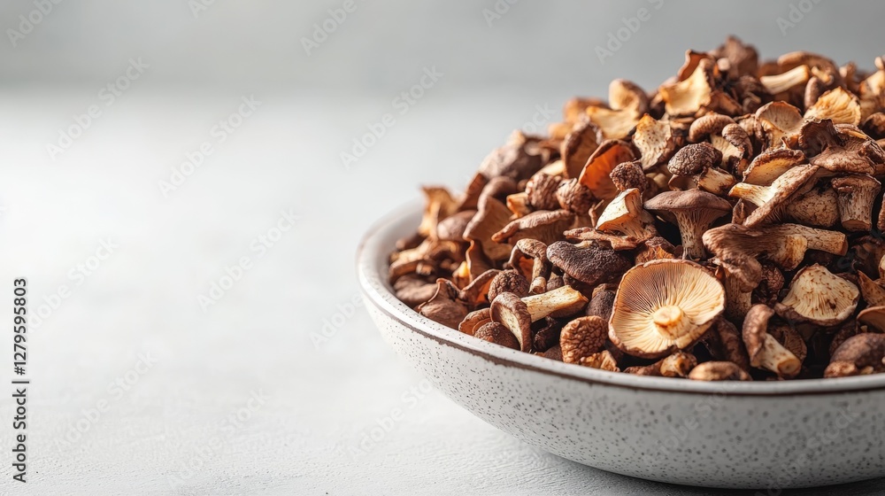 Close-up view of dried mushroom spores ready for planting on a clean plate Close-up view of dried mushroom spores ready for planting on a clean plate
