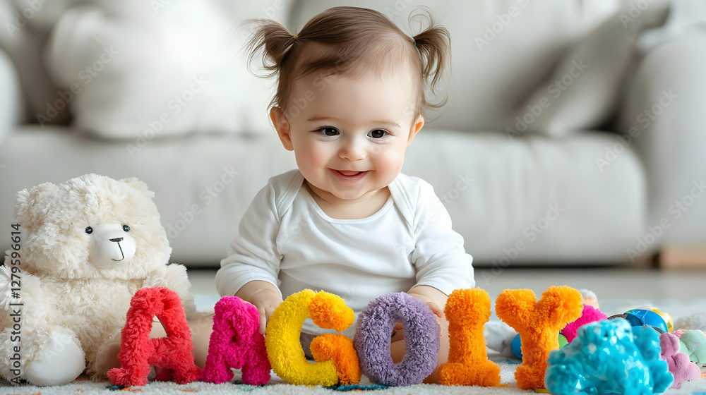 Happy baby girl playing with colorful letters at home Happy baby girl playing with colorful letters at home