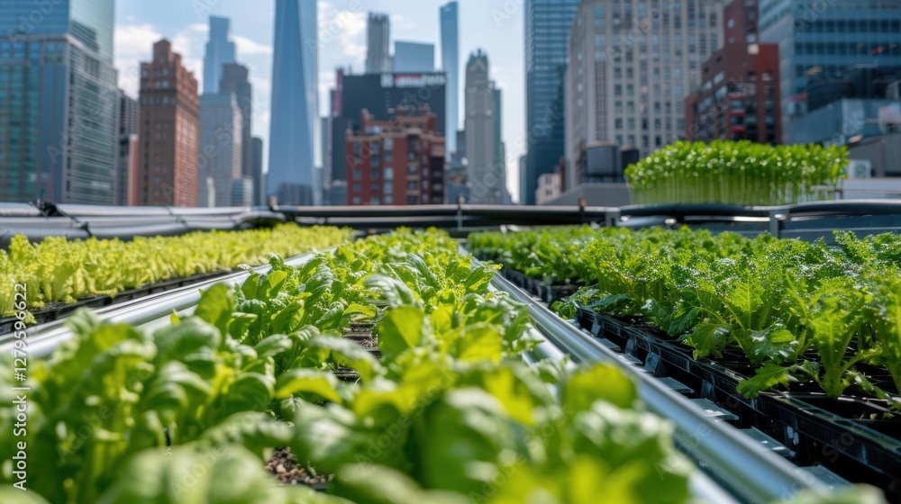 Rooftop Hydroponic Farm Amid Urban Skyscrapers for Sustainable City Living and Green Architecture Design Rooftop Hydroponic Farm Amid Urban Skyscrapers for Sustainable City Living and Green Architecture Design