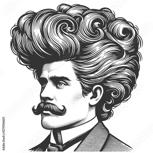 gentleman with an incredibly large, curly hairstyle, blending humor, surrealism, and vintage artistic style sketch engraving generative ai vector illustration. Scratch board. Black and white image.