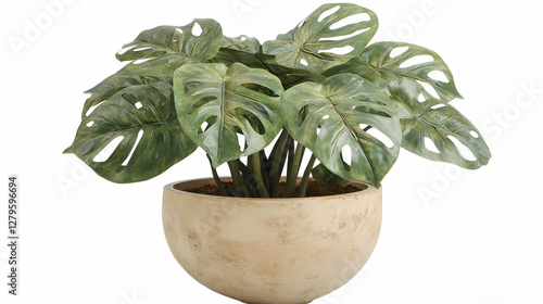 Monstera Plant in Neutral Planter with Large Fenestrated Leaves photo