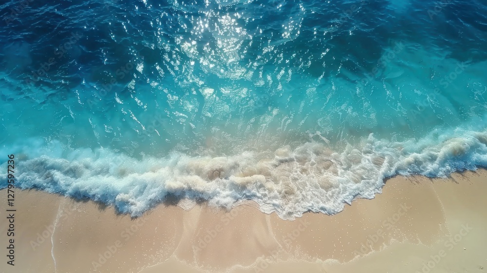 Drone shot of a beautiful tropical beach. The clear blue sea sparkles under the sun, waves gently rolling onto the sandy shore. A perfect scene Drone shot of a beautiful tropical beach. The clear blue sea sparkles under the sun, waves gently rolling onto the sandy shore. A perfect scene