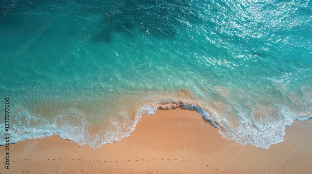 Drone shot of a beautiful tropical beach. The clear blue sea sparkles under the sun, waves gently rolling onto the sandy shore. A perfect scene Drone shot of a beautiful tropical beach. The clear blue sea sparkles under the sun, waves gently rolling onto the sandy shore. A perfect scene