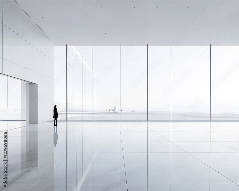 Fototapeta premium A person standing in a minimalist modern airport terminal with large glass windows showcasing an aircraft on the runway, symbolizing travel and solitude in a serene environment.