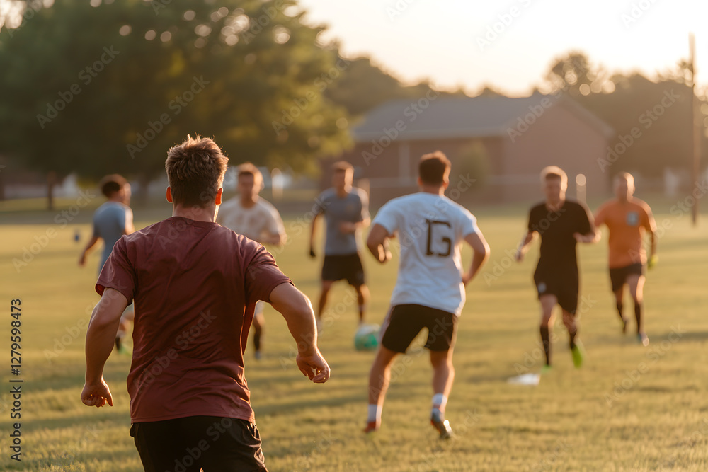 Soccer practice in a grassy field at sunrise or sunset. A group of young men are playing soccer, illuminated by soft, warm light, creating a vibrant and active scene. Soccer practice in a grassy field at sunrise or sunset. A group of young men are playing soccer, illuminated by soft, warm light, creating a vibrant and active scene.