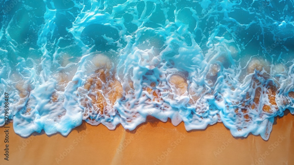 Naklejka premium Drone shot of a beautiful tropical beach. The clear blue sea sparkles under the sun, waves gently rolling onto the sandy shore. A perfect scene