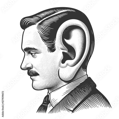 man with an exaggeratedly large ear, blending vintage portraiture with surreal and humorous artistic distortion sketch engraving generative ai vector illustration. Scratch board. Black and white image